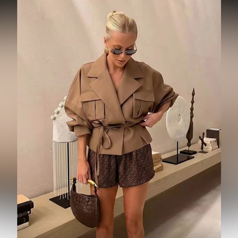 Tan brown belted tie wrap string belt oversized trench coat jacket - Picture 1 of 7